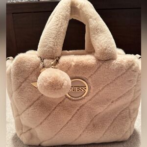 GUESS Faux Fur Quilted Satchel Bag with Pom-Pom – Beige – Never Used